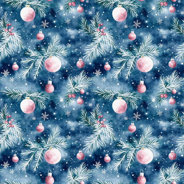 watercolor, navy blue, deep blue, pink ornaments, christmas baubles, pine branches, evergreen needles, snowflakes, winter berries, seamless pattern, repeating design, holiday motif, festive theme,, fabric panel, christmas decor, ornamental design, winter wonderland, seasonal pattern, crafting material