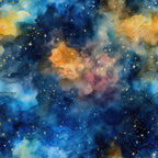 navy blue, deep blue, golden yellow, orange, purple, magenta, starry night, celestial, nebula, cosmic clouds, watercolor style, dreamy, mystical, stars, galaxy, space theme,, fabric panel, astronomical, ethereal