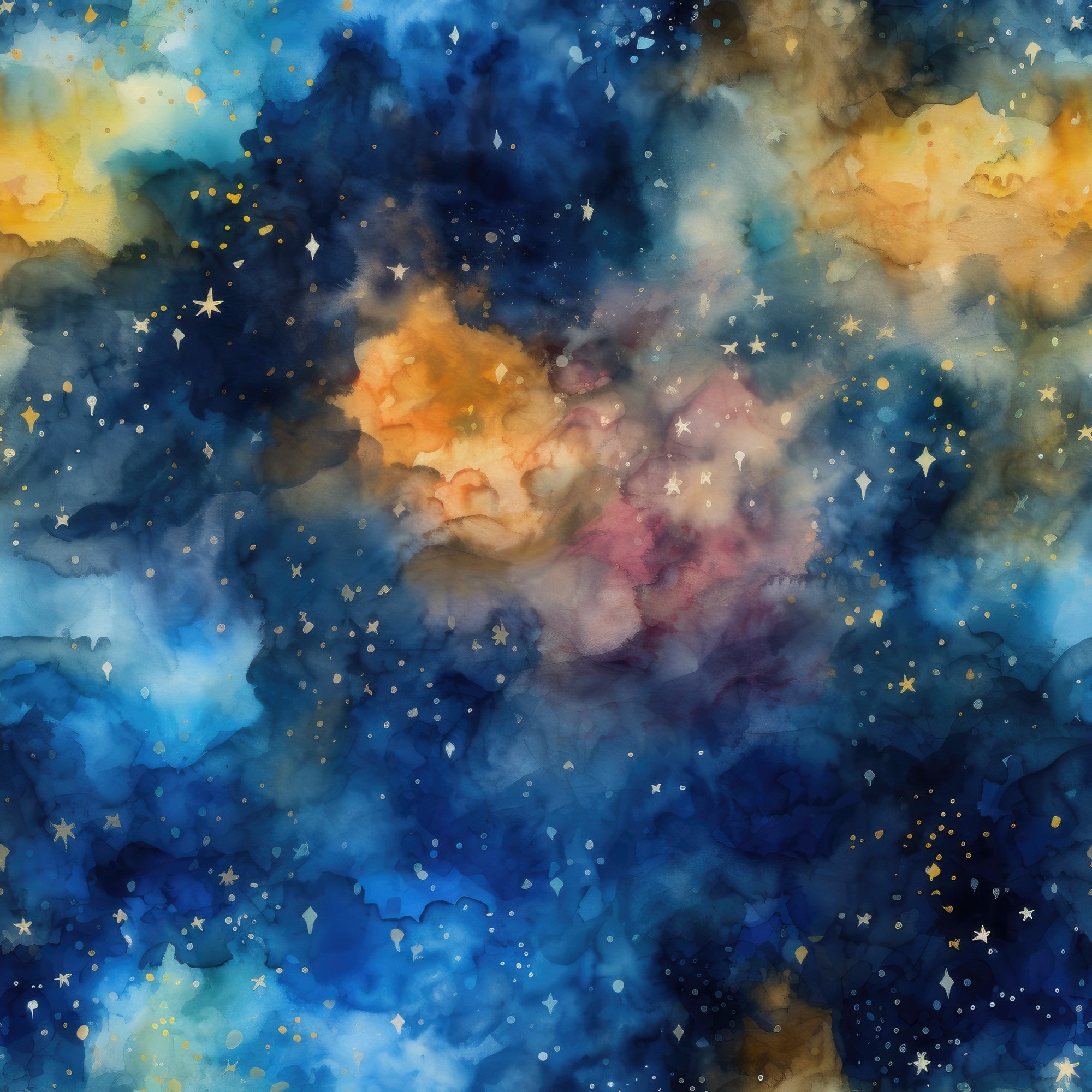 navy blue, deep blue, golden yellow, orange, purple, magenta, starry night, celestial, nebula, cosmic clouds, watercolor style, dreamy, mystical, stars, galaxy, space theme,, fabric panel, astronomical, ethereal