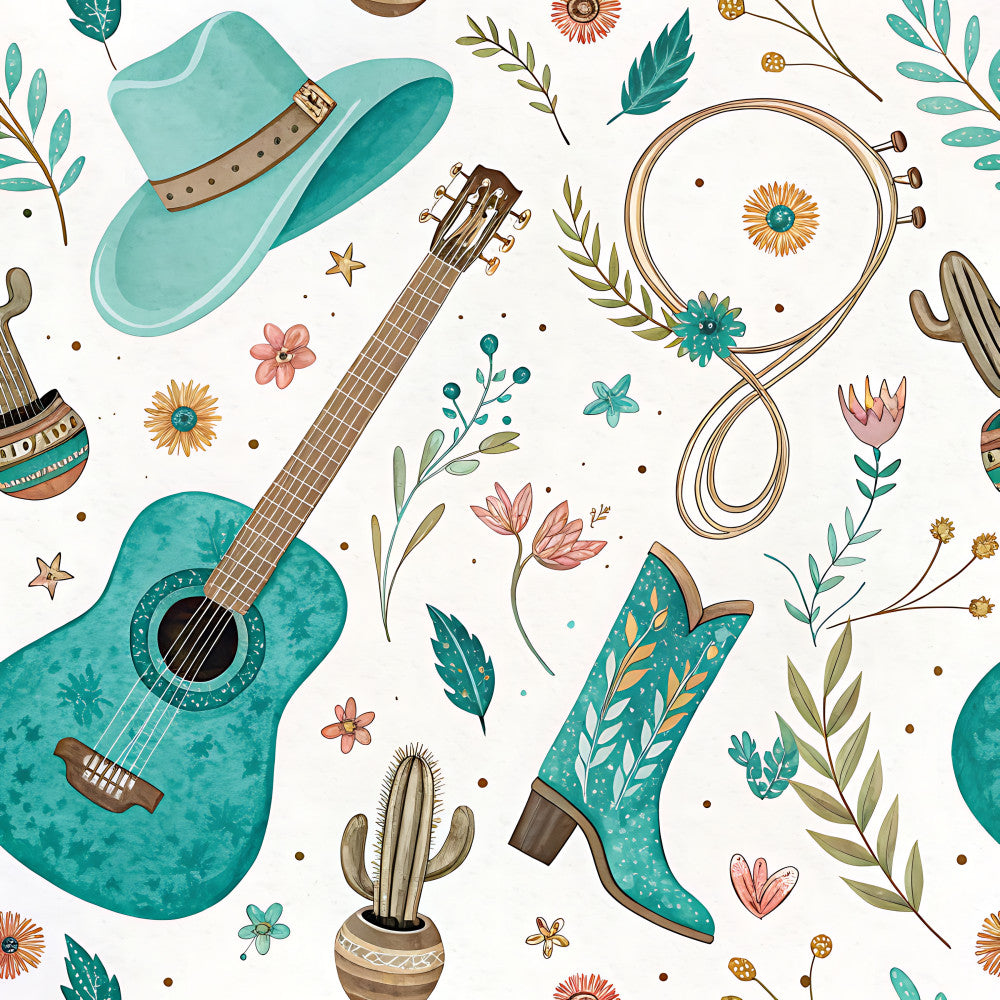turquoise, teal, coral pink, golden yellow, sage green, western, cowboy, guitar, boots, cactus, flowers, floral, sunflowers, botanical, nature, whimsical, bohemian, rustic, vintage, country, music, wildflowers, hat, rope, desert, southwestern, playroom, kids room, nursery, summer