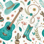 turquoise, teal, coral pink, golden yellow, sage green, western, cowboy, guitar, boots, cactus, flowers, floral, sunflowers, botanical, nature, whimsical, bohemian, rustic, vintage, country, music, wildflowers, hat, rope, desert, southwestern, playroom, kids room, nursery, summer