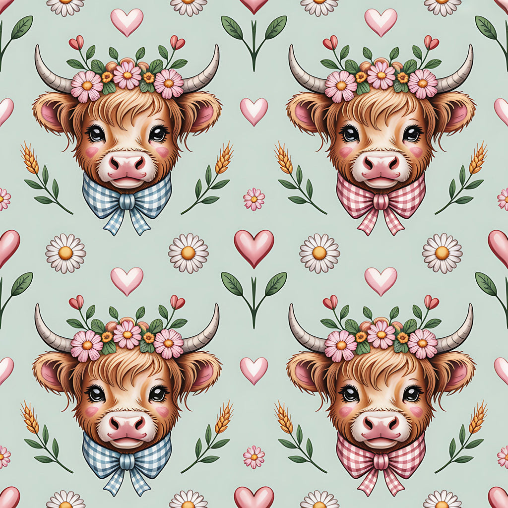 highland cow, cow heads, floral crown, gingham bow ties, pink hearts, daisy flowers, wheat stalks, green leaves, brown fur, pink bows, blue checkered, cottage core, farm animals,, fabric panel, repeating pattern, pastoral theme, soft green background, adorable cows, country style