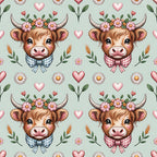 highland cow, cow heads, floral crown, gingham bow ties, pink hearts, daisy flowers, wheat stalks, green leaves, brown fur, pink bows, blue checkered, cottage core, farm animals,, fabric panel, repeating pattern, pastoral theme, soft green background, adorable cows, country style