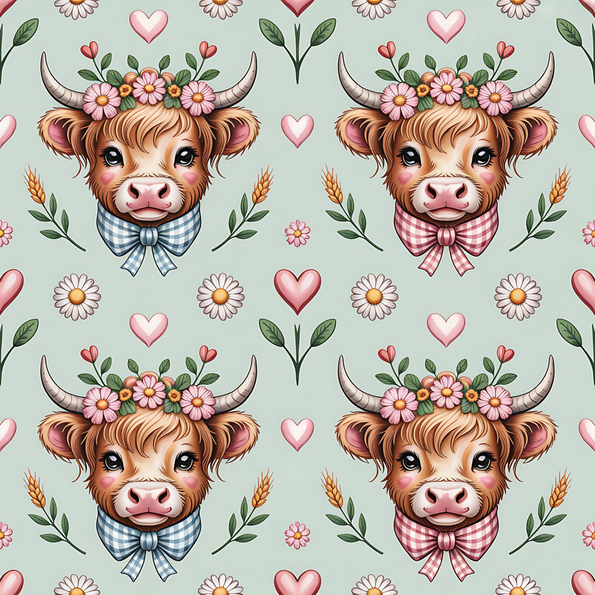 highland cow, cow heads, floral crown, gingham bow ties, pink hearts, daisy flowers, wheat stalks, green leaves, brown fur, pink bows, blue checkered, cottage core, farm animals,, fabric panel, repeating pattern, pastoral theme, soft green background, adorable cows, country style