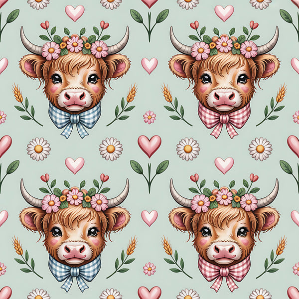 highland cow, cow heads, floral crown, gingham bow ties, pink hearts, daisy flowers, wheat stalks, green leaves, brown fur, pink bows, blue checkered, cottage core, farm animals,, fabric panel, repeating pattern, pastoral theme, soft green background, adorable cows, country style