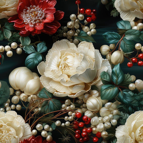 christmas florals, deep red flowers, cream peonies, white blooms, pearl berries, red berries, teal leaves, dark green foliage, botanical pattern, floral arrangement, winter flowers, holiday blooms,, fabric panel, vintage style, moody floral, rich colors, elegant design, festive pattern, luxurious aesthetic