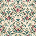 mauve rose, dusty pink, teal green, cream, vintage floral, damask, roses, scrollwork, ornamental, elegant, traditional, romantic, botanical, nature, spring, summer, garden, classic, timeless, ornate, decorative, flourishes, leaves, buds, multi-floral, victorian, feminine, sophisticated, home decor