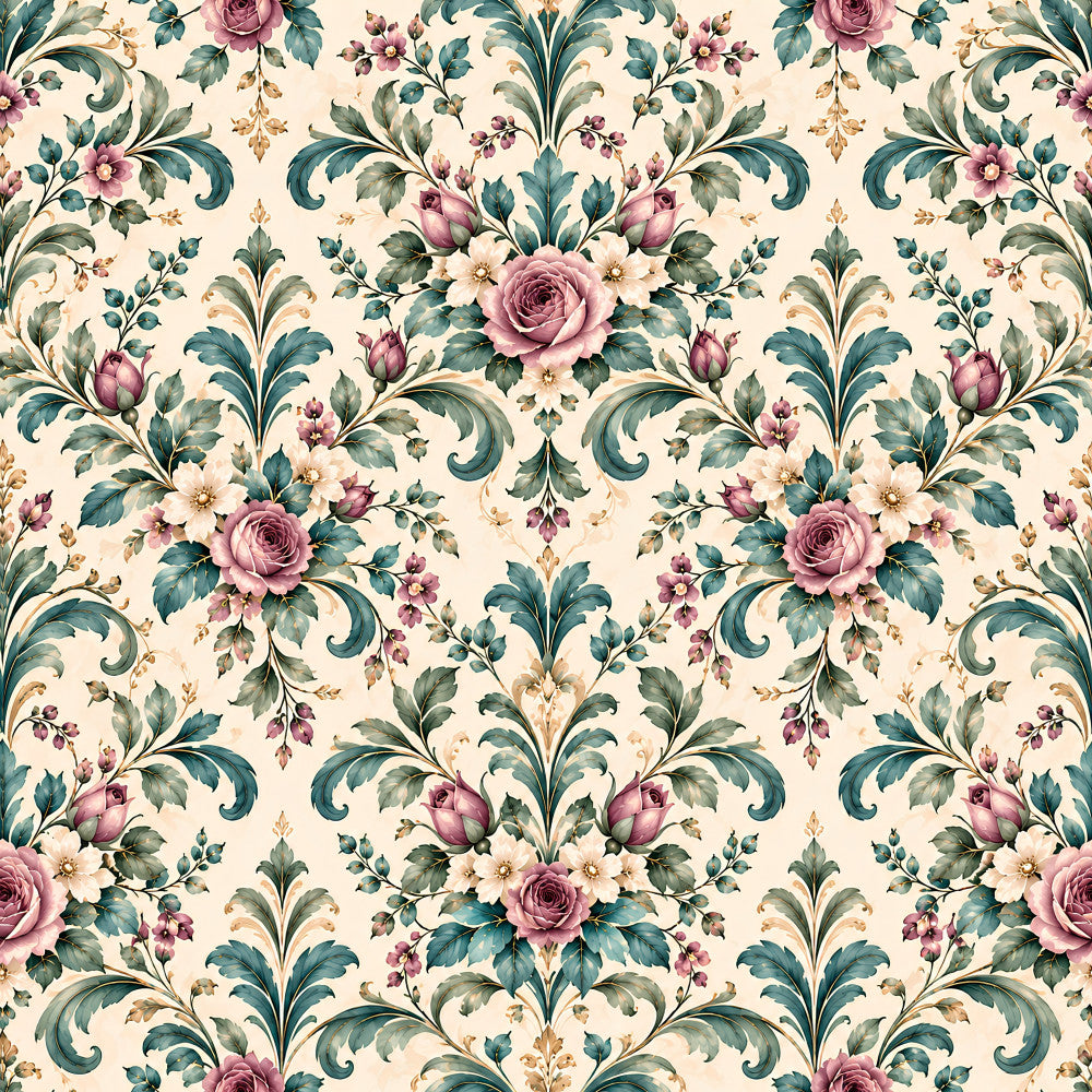 mauve rose, dusty pink, teal green, cream, vintage floral, damask, roses, scrollwork, ornamental, elegant, traditional, romantic, botanical, nature, spring, summer, garden, classic, timeless, ornate, decorative, flourishes, leaves, buds, multi-floral, victorian, feminine, sophisticated, home decor