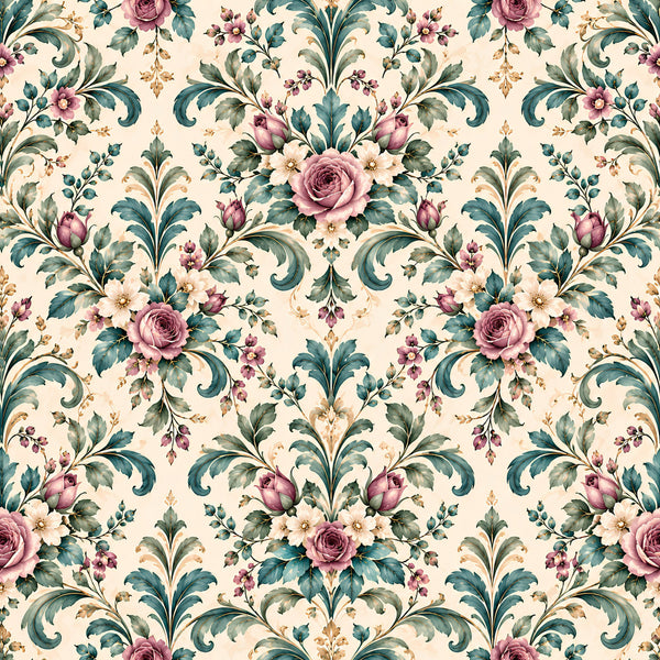 mauve rose, dusty pink, teal green, cream, vintage floral, damask, roses, scrollwork, ornamental, elegant, traditional, romantic, botanical, nature, spring, summer, garden, classic, timeless, ornate, decorative, flourishes, leaves, buds, multi-floral, victorian, feminine, sophisticated, home decor