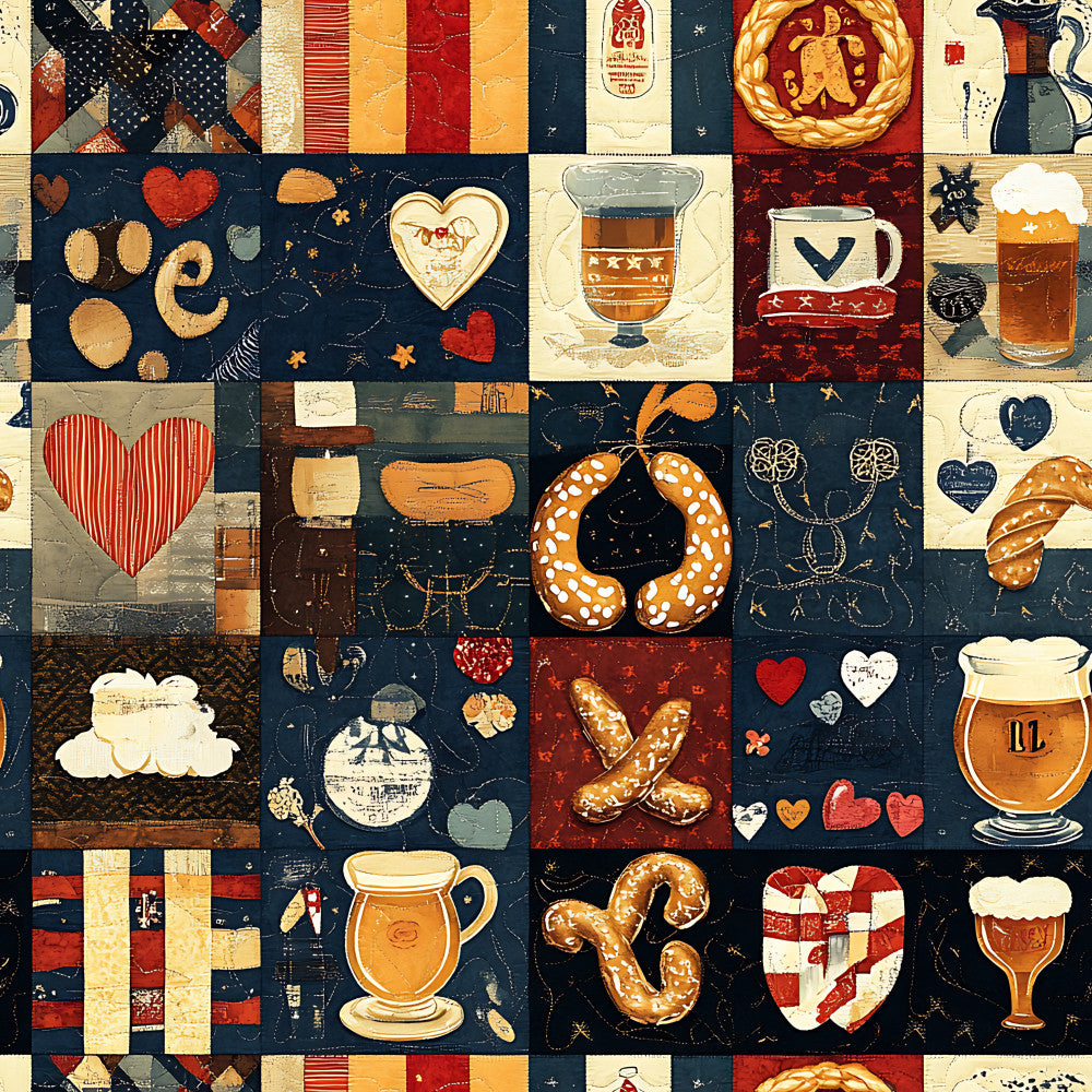 navy blue, cream, rust orange, red, gold, heart, pretzel, beer mug, gingerbread man, wreath, geometric, striped, vintage, farmhouse, rustic, german, bavarian, holiday, christmas, winter, traditional, whimsical, beer, festive, cozy, warm tones, celestial stars, decorative, cultural, retro