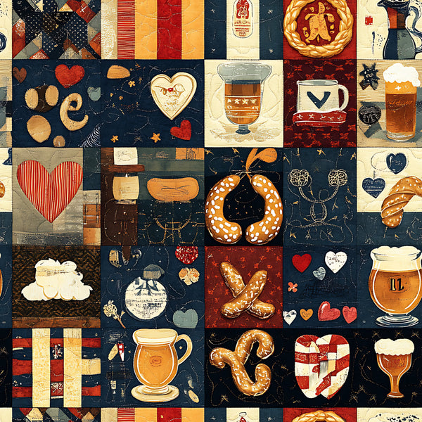 navy blue, cream, rust orange, red, gold, heart, pretzel, beer mug, gingerbread man, wreath, geometric, striped, vintage, farmhouse, rustic, german, bavarian, holiday, christmas, winter, traditional, whimsical, beer, festive, cozy, warm tones, celestial stars, decorative, cultural, retro