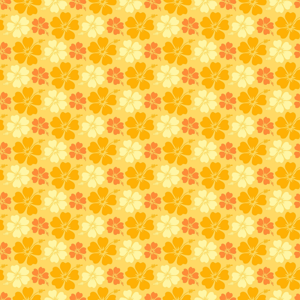 yellow, orange, coral, cream, hibiscus flowers, tropical blooms, floral pattern, repeating design, summer vibes, beach theme, hawaiian style, warm tones,, fabric panel, tropical paradise, vacation mood, sunset colors, island florals, seamless repeat, sunny disposition