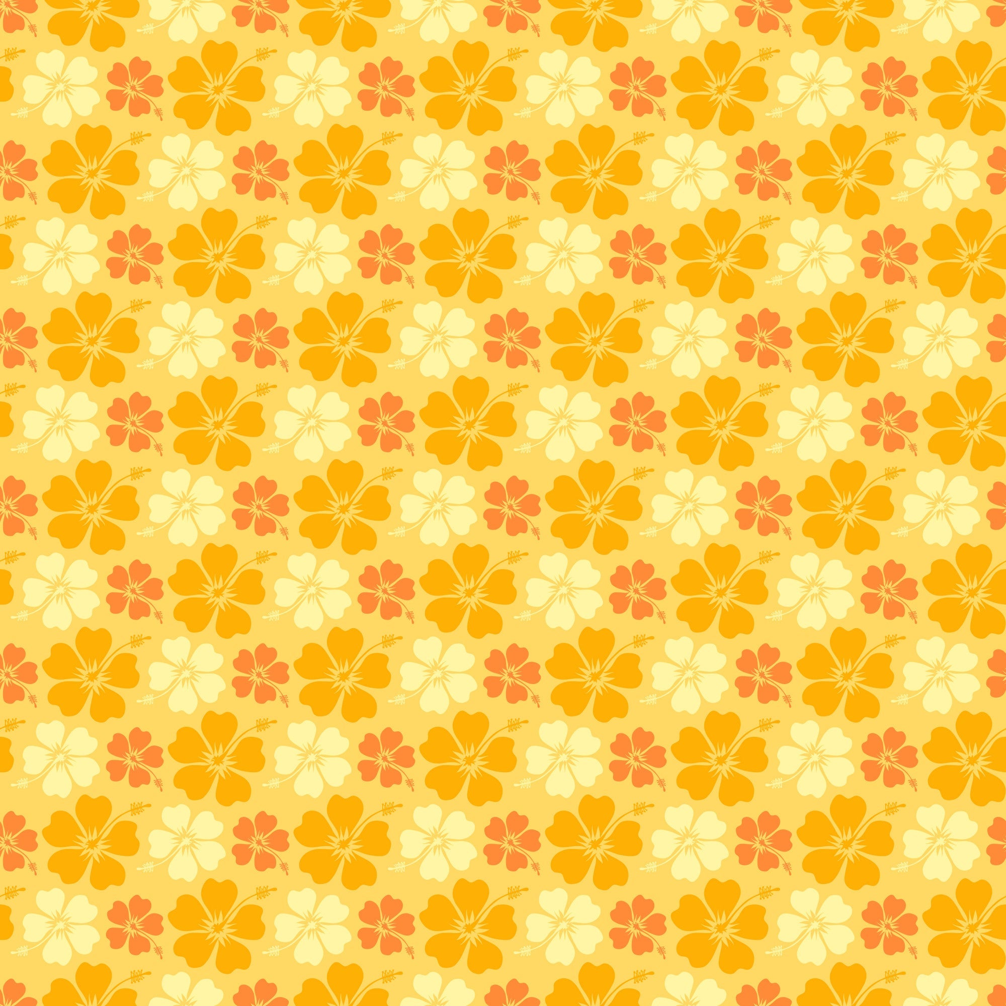 yellow, orange, coral, cream, hibiscus flowers, tropical blooms, floral pattern, repeating design, summer vibes, beach theme, hawaiian style, warm tones,, fabric panel, tropical paradise, vacation mood, sunset colors, island florals, seamless repeat, sunny disposition
