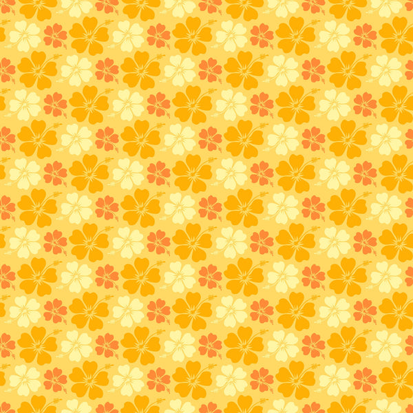 yellow, orange, coral, cream, hibiscus flowers, tropical blooms, floral pattern, repeating design, summer vibes, beach theme, hawaiian style, warm tones,, fabric panel, tropical paradise, vacation mood, sunset colors, island florals, seamless repeat, sunny disposition