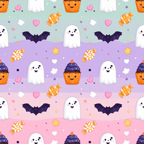 pastel pink, lavender purple, mint green, orange, candy corn, ghost, bat, cupcake, heart, star, candy, halloween, autumn, fall, spooky, cute, whimsical, playful, kids, children, baby, nursery, playroom, trick or treat, festive, striped candy, pumpkin, sweet, cheerful, kawaii