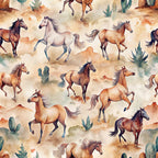 horses, wild horses, watercolor style, brown, tan, beige, cream, sage green, desert plants, cacti, running horses, galloping, western theme, southwestern,, fabric panel, seamless pattern, equestrian, desert landscape, earth tones, natural colors, artistic illustration
