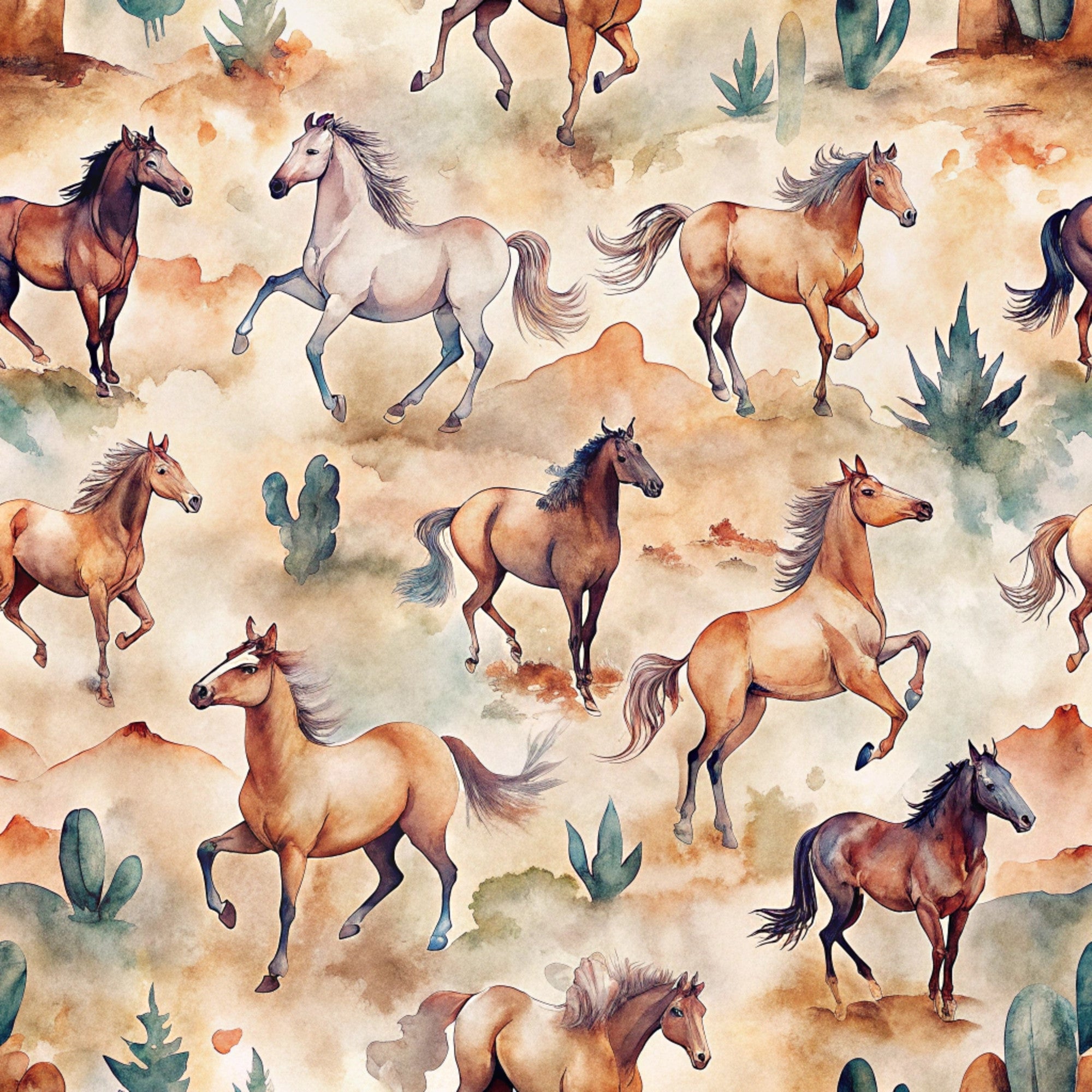 horses, wild horses, watercolor style, brown, tan, beige, cream, sage green, desert plants, cacti, running horses, galloping, western theme, southwestern, quilting cotton, fabric panel, seamless pattern, equestrian, desert landscape, earth tones, natural colors, artistic illustration