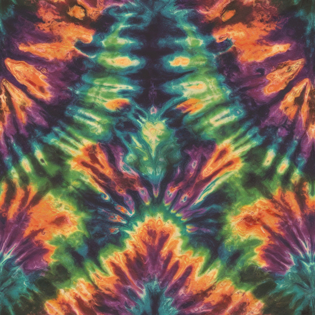 tie dye, retro pattern, psychedelic, kaleidoscope design, vibrant colors, orange, purple, teal, green, yellow, swirling patterns, symmetrical design, groovy, bohemian, hippie style, abstract art,, fabric panel, colorful swirls, rainbow colors