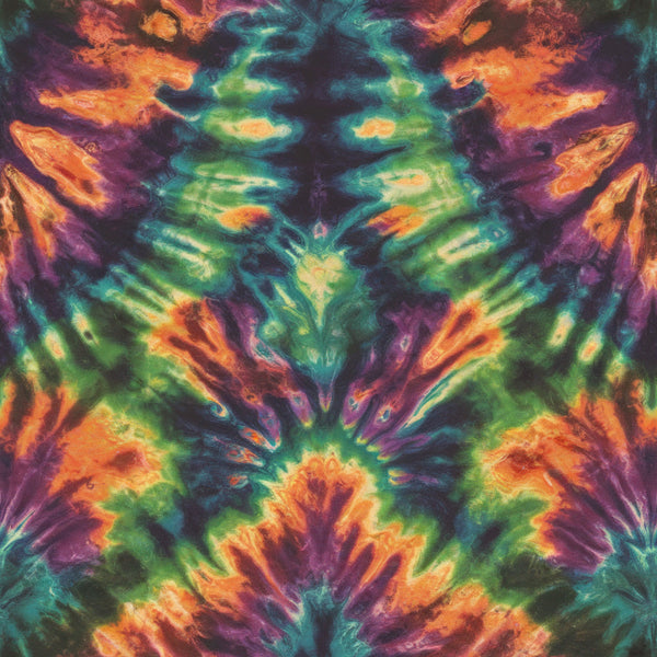 tie dye, retro pattern, psychedelic, kaleidoscope design, vibrant colors, orange, purple, teal, green, yellow, swirling patterns, symmetrical design, groovy, bohemian, hippie style, abstract art,, fabric panel, colorful swirls, rainbow colors