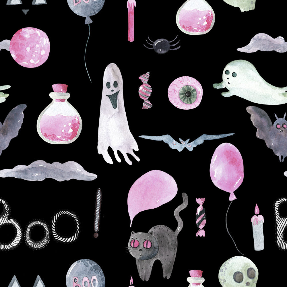pink balloons, ghost, witch hat, candy, potion bottles, bat, spider, cat, moon, clouds, eyes, candle, halloween, spooky, whimsical, playful, black background, pastel pink, soft gray, cream white, sage green, celestial, magical, kids, children, playroom, nursery, kawaii, cute, gothic