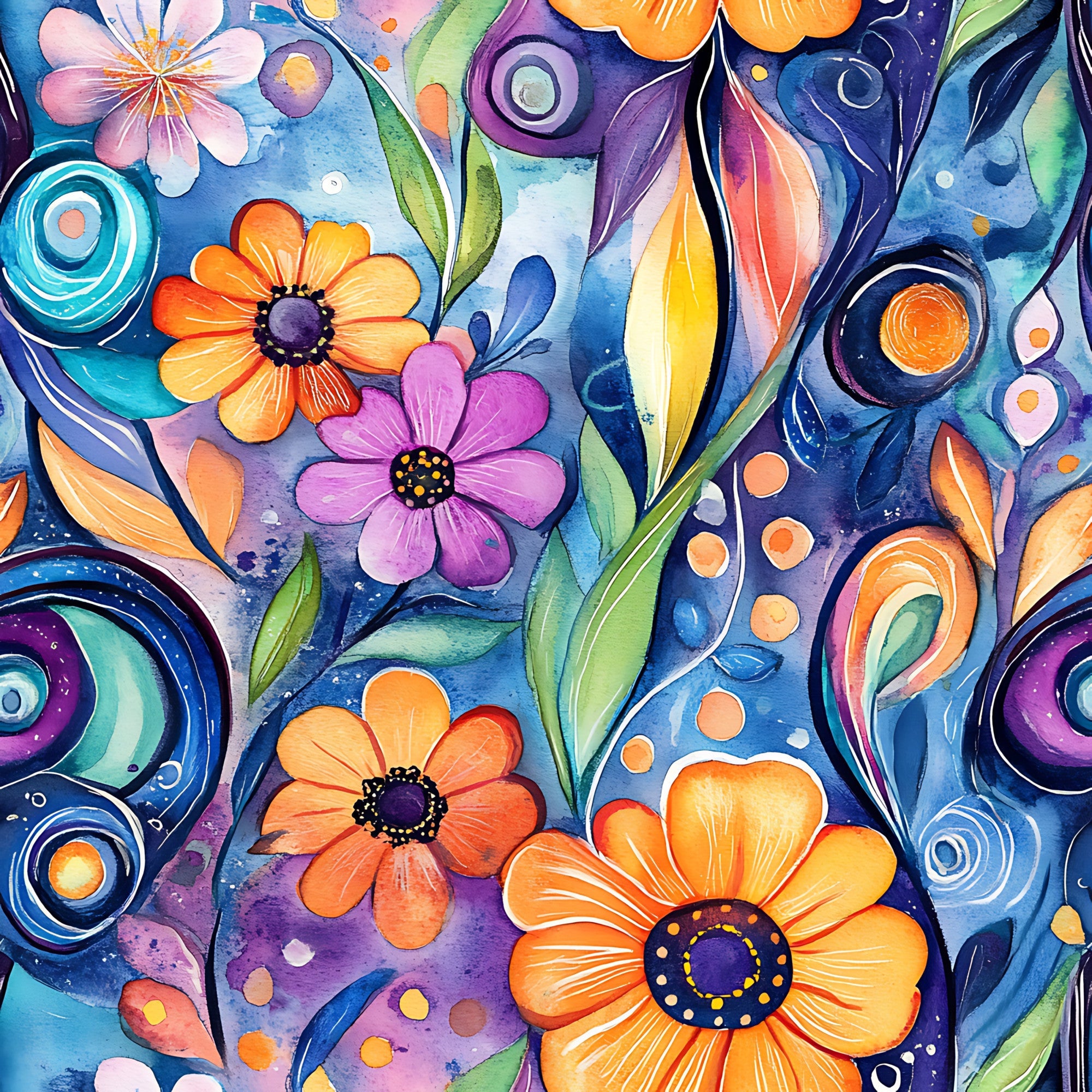 vibrant blue, orange flowers, purple blooms, pink petals, swirling patterns, watercolor style, abstract florals, circular motifs, green leaves, flowing design, whimsical art, modern floral,, fabric panel, artistic swirls, colorful botanicals, contemporary pattern, dreamy aesthetic