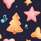 navy blue background, coral pink, peachy orange, mint green, gingerbread, christmas, holiday, winter, festive, whimsical, playful, stars, hearts, gingerbread man, gingerbread tree, candy, sweet, kids room, nursery, playroom, children's, cute, magical, night sky, celestial, retro, vintage inspired, dessert themed, bakery, sugar cookies