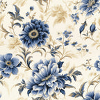 navy blue flowers, cream background, botanical floral, vintage floral, traditional floral, elegant flowers, blue and cream, golden brown accents, daisy flowers, layered petals, ornamental leaves, scrolling vines, classic floral, timeless design, spring flowers, garden flowers, cottage style, farmhouse style, romantic style, delicate flowers, detailed florals, blue blooms, cream and tan, nature inspired, decorative foliage, traditional pattern, feminine style, botanical print