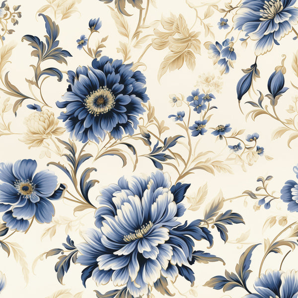 navy blue flowers, cream background, botanical floral, vintage floral, traditional floral, elegant flowers, blue and cream, golden brown accents, daisy flowers, layered petals, ornamental leaves, scrolling vines, classic floral, timeless design, spring flowers, garden flowers, cottage style, farmhouse style, romantic style, delicate flowers, detailed florals, blue blooms, cream and tan, nature inspired, decorative foliage, traditional pattern, feminine style, botanical print