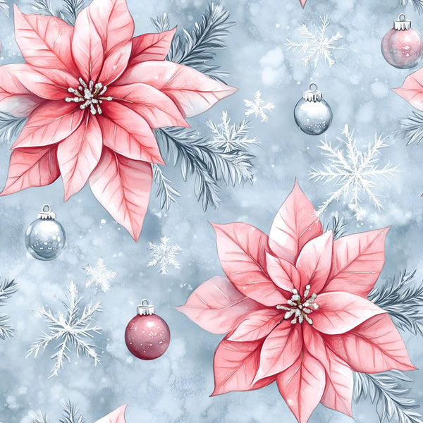 blush pink, dusty blue, coral pink, silver gray, poinsettia, snowflake, christmas, winter, holiday, evergreen, ornament, festive, elegant, whimsical, floral, botanical, metallic accents, pearl white, slate blue, pale pink, deep rose, delicate petals, decorative balls, pine branches, seasonal, celebration, sophisticated, romantic, nature-inspired