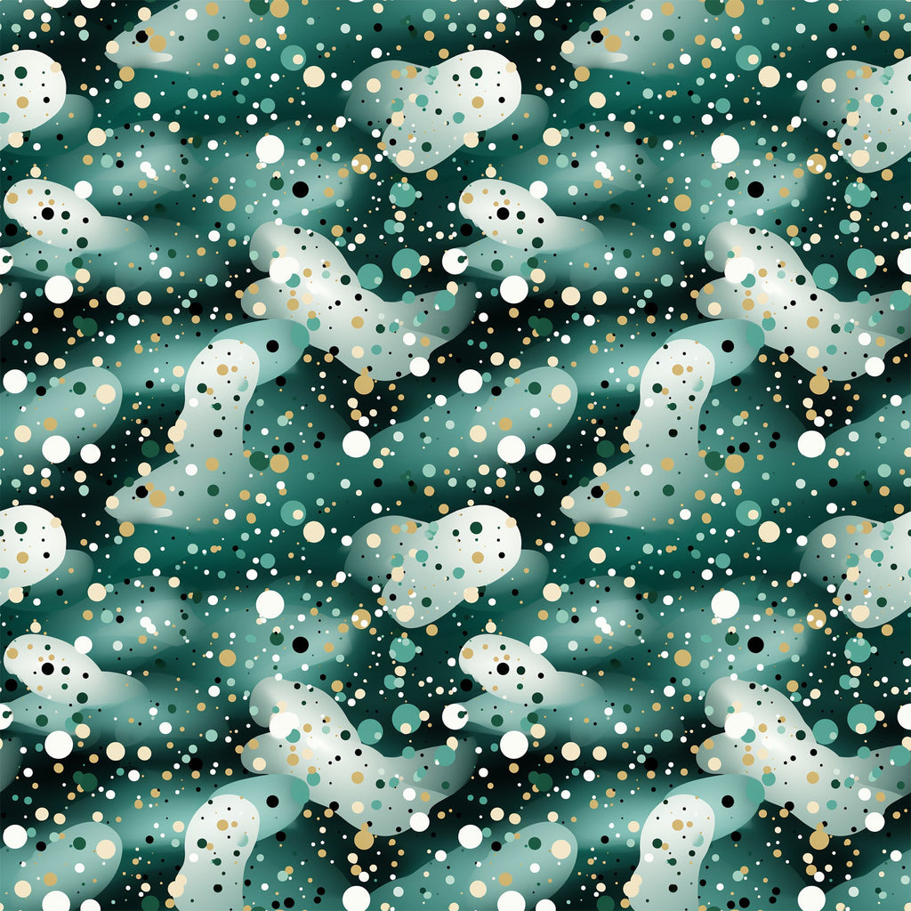 green, teal, white, gold, black, confetti pattern, polka dots, circles, scattered dots, modern design, contemporary style,, fabric panel, festive, celebratory, abstract pattern, geometric design, party theme, scattered elements, vibrant colors