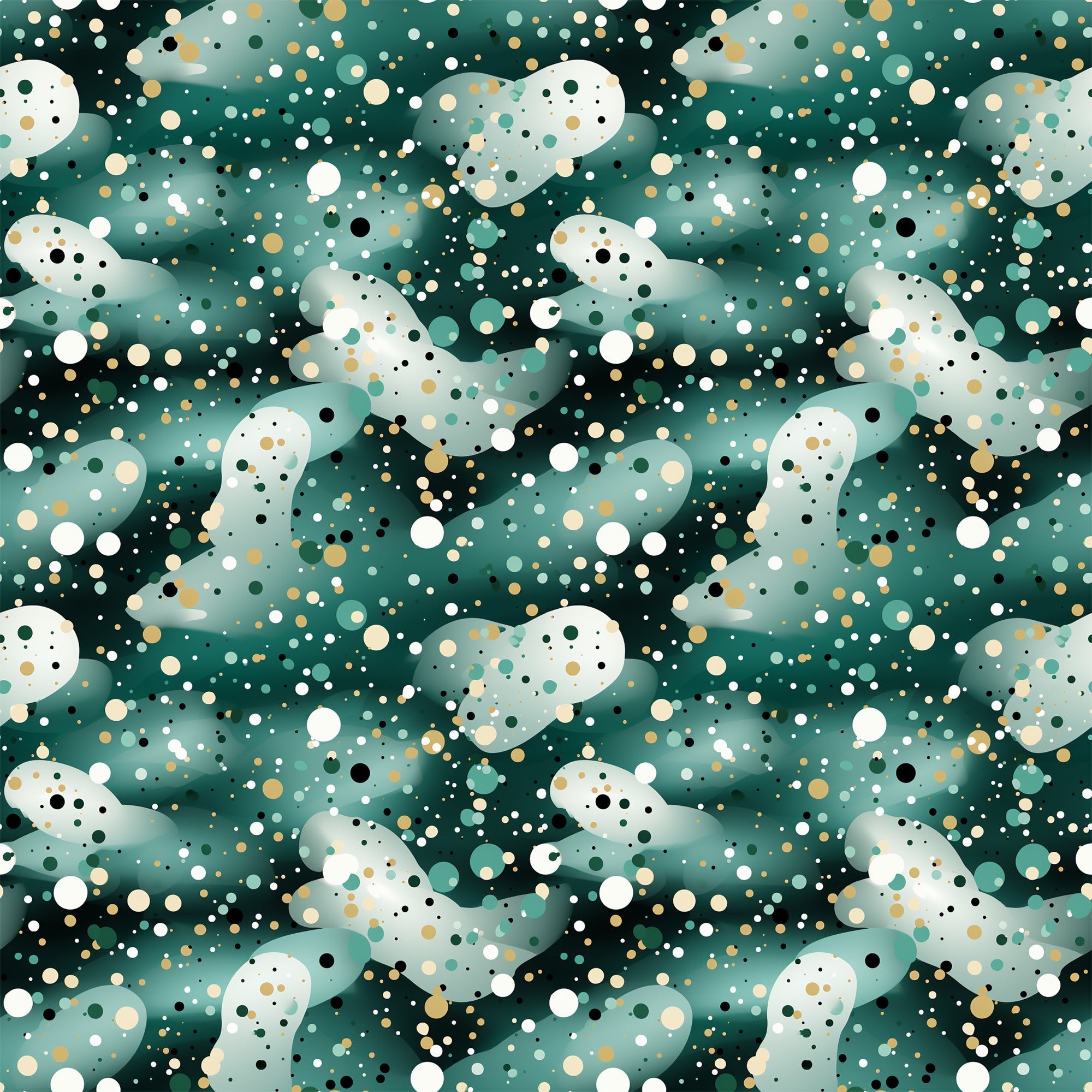 green, teal, white, gold, black, confetti pattern, polka dots, circles, scattered dots, modern design, contemporary style,, fabric panel, festive, celebratory, abstract pattern, geometric design, party theme, scattered elements, vibrant colors