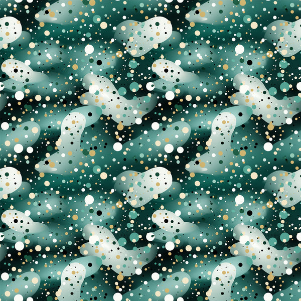green, teal, white, gold, black, confetti pattern, polka dots, circles, scattered dots, modern design, contemporary style,, fabric panel, festive, celebratory, abstract pattern, geometric design, party theme, scattered elements, vibrant colors
