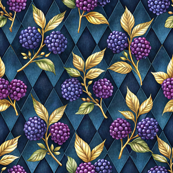 navy blue, deep purple, gold, burgundy, berry, indigo, botanical, floral, geometric, diamond pattern, nature, vintage, elegant, sophisticated, whimsical, blackberries, berries, leaves, foliage, branches, fruit, garden, autumn, fall, traditional, ornate, luxe, jewel tones, detailed illustration, botanical print