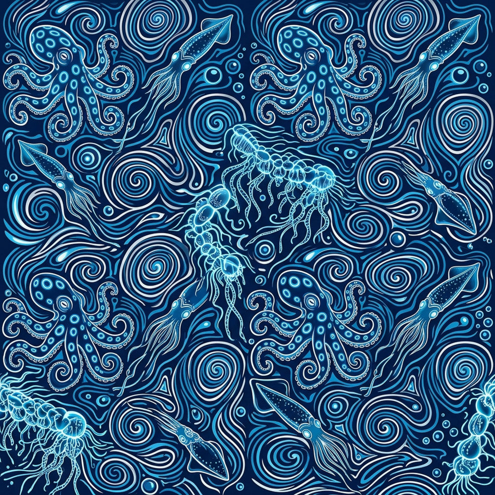 navy blue, deep blue, cyan blue, light blue, white, ocean blue, underwater, nautical, ocean theme, sea creatures, octopus, jellyfish, squid, spiral pattern, swirls, abstract, modern, whimsical, cosmic, psychedelic, bioluminescent, ocean life, marine, kids room, playroom, nursery, adventure theme, boys room, sea life, wavy pattern