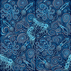navy blue, deep blue, cyan blue, light blue, white, ocean blue, underwater, nautical, ocean theme, sea creatures, octopus, jellyfish, squid, spiral pattern, swirls, abstract, modern, whimsical, cosmic, psychedelic, bioluminescent, ocean life, marine, kids room, playroom, nursery, adventure theme, boys room, sea life, wavy pattern