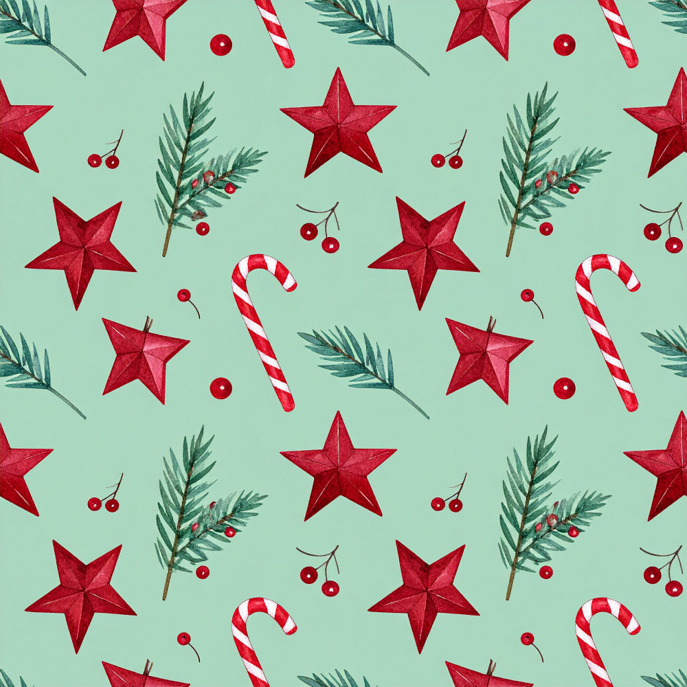 mint green, red, candy cane, christmas, holiday, stars, evergreen branches, berries, festive, traditional, whimsical, seasonal, winter, candy stripe, dimensional stars, red berries, pine needles, christmas ornaments, decorative, cheerful, classic holiday, peppermint, tree branches, red and white striped, holiday decor, nursery, kids room, playroom, festive design
