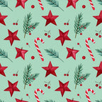 mint green, red, candy cane, christmas, holiday, stars, evergreen branches, berries, festive, traditional, whimsical, seasonal, winter, candy stripe, dimensional stars, red berries, pine needles, christmas ornaments, decorative, cheerful, classic holiday, peppermint, tree branches, red and white striped, holiday decor, nursery, kids room, playroom, festive design