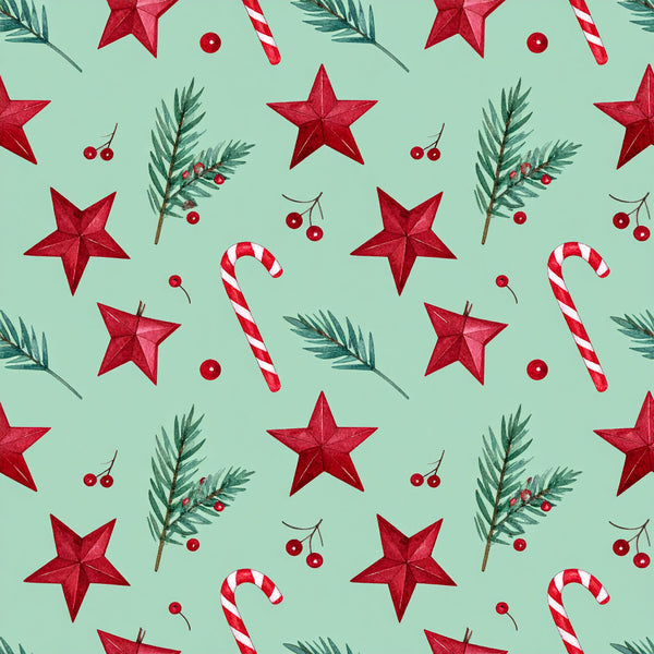 mint green, red, candy cane, christmas, holiday, stars, evergreen branches, berries, festive, traditional, whimsical, seasonal, winter, candy stripe, dimensional stars, red berries, pine needles, christmas ornaments, decorative, cheerful, classic holiday, peppermint, tree branches, red and white striped, holiday decor, nursery, kids room, playroom, festive design
