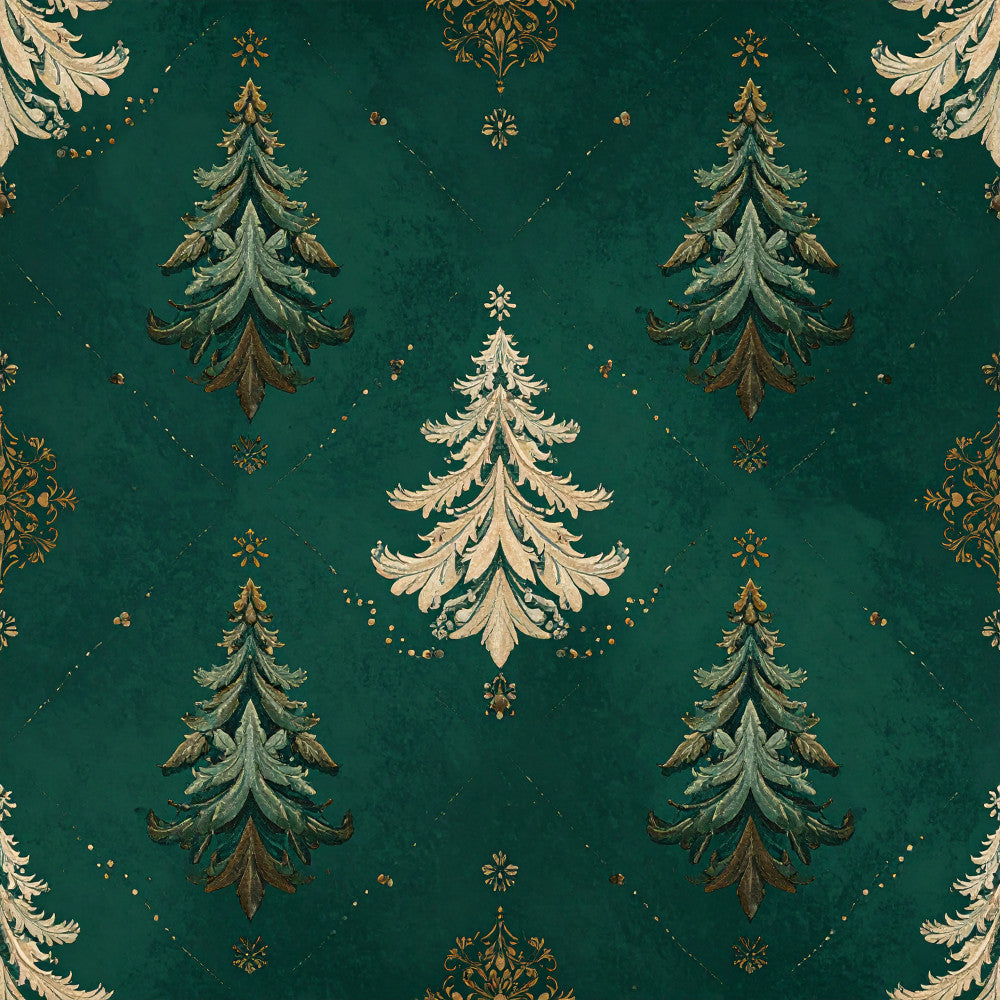 forest green, gold, cream, ivory, elegant, luxury, holiday, christmas, winter, festive, trees, evergreen, snowflakes, ornamental, damask, baroque, vintage, traditional, formal, decorative, sophisticated, metallic accents, nature-inspired, seasonal, celebration, timeless, classic, upscale