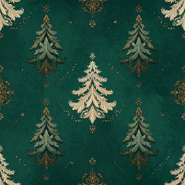 forest green, gold, cream, ivory, elegant, luxury, holiday, christmas, winter, festive, trees, evergreen, snowflakes, ornamental, damask, baroque, vintage, traditional, formal, decorative, sophisticated, metallic accents, nature-inspired, seasonal, celebration, timeless, classic, upscale