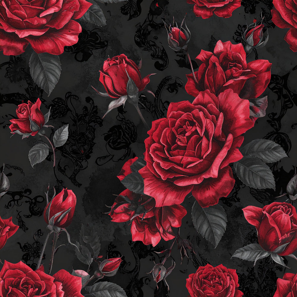 deep red, crimson red, dark red, charcoal black, charcoal gray, black, gothic, romantic, elegant, vintage, floral, roses, ornamental scrollwork, damask, dark romance, moody, sophisticated, traditional, victorian, classic, nature, botanical, red and black, high contrast, dramatic, luxe, wedding, formal, evening wear, home decor