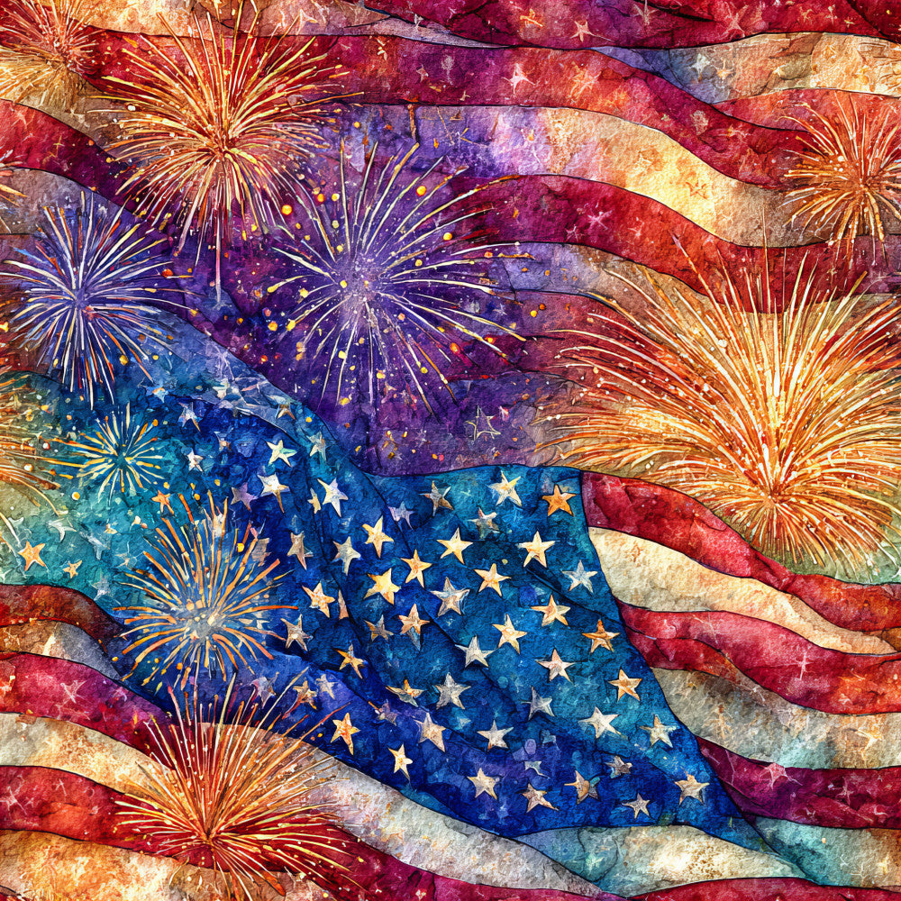 patriotic, american flag, fireworks, red white and blue, stars, gold stars, navy blue, cream, burgundy, purple, fireworks display, fourth of july, independence day, memorial day, patriotic theme, celebratory, festive, vintage americana, distressed texture, watercolor effect, gold accents, golden yellow, textured background, holiday, summer, americana style, nostalgic, patriotic decor