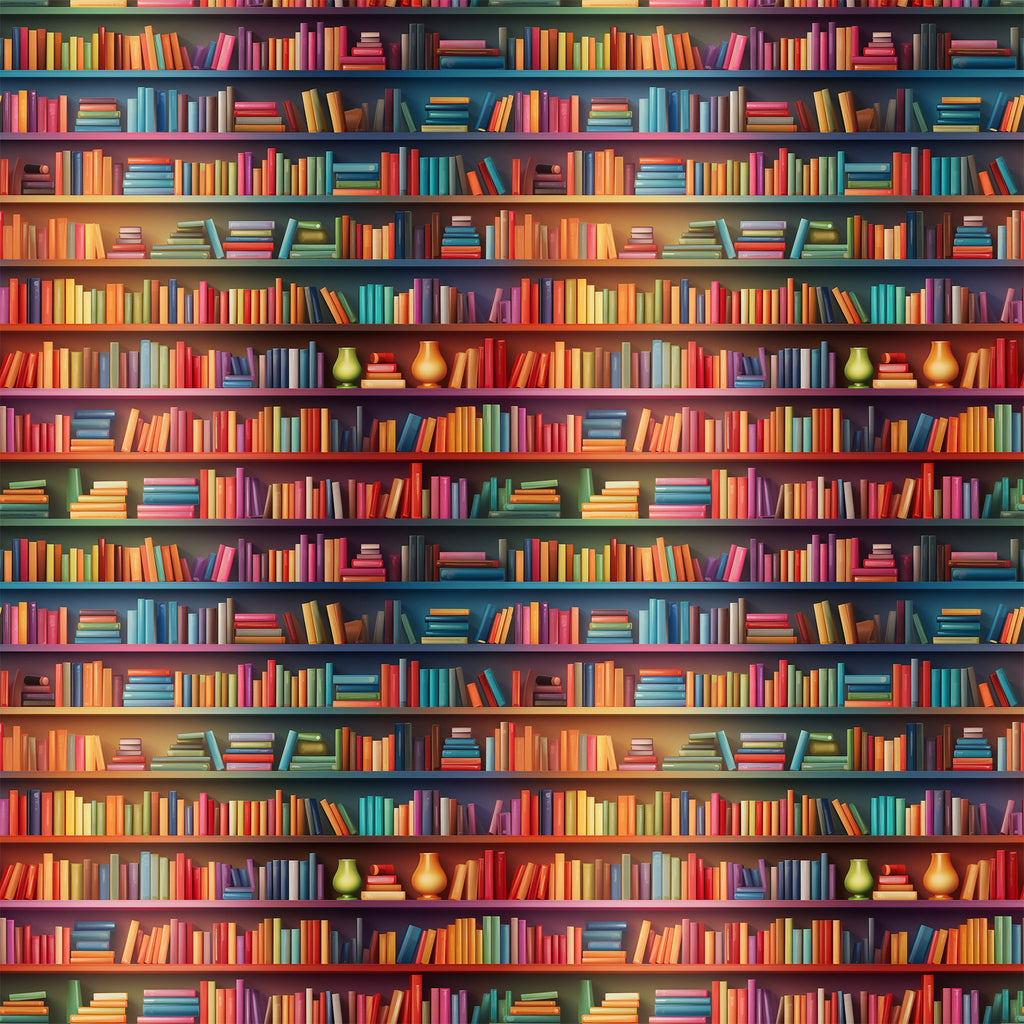 bookshelf pattern, library scene, colorful books,, fabric panel, red books, blue books, green books, yellow books, purple books, orange books, rows of books, literary theme, reading motif, book spines, vibrant colors, repeating pattern, educational theme, cozy atmosphere, book collection