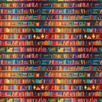 bookshelf pattern, library scene, colorful books,, fabric panel, red books, blue books, green books, yellow books, purple books, orange books, rows of books, literary theme, reading motif, book spines, vibrant colors, repeating pattern, educational theme, cozy atmosphere, book collection