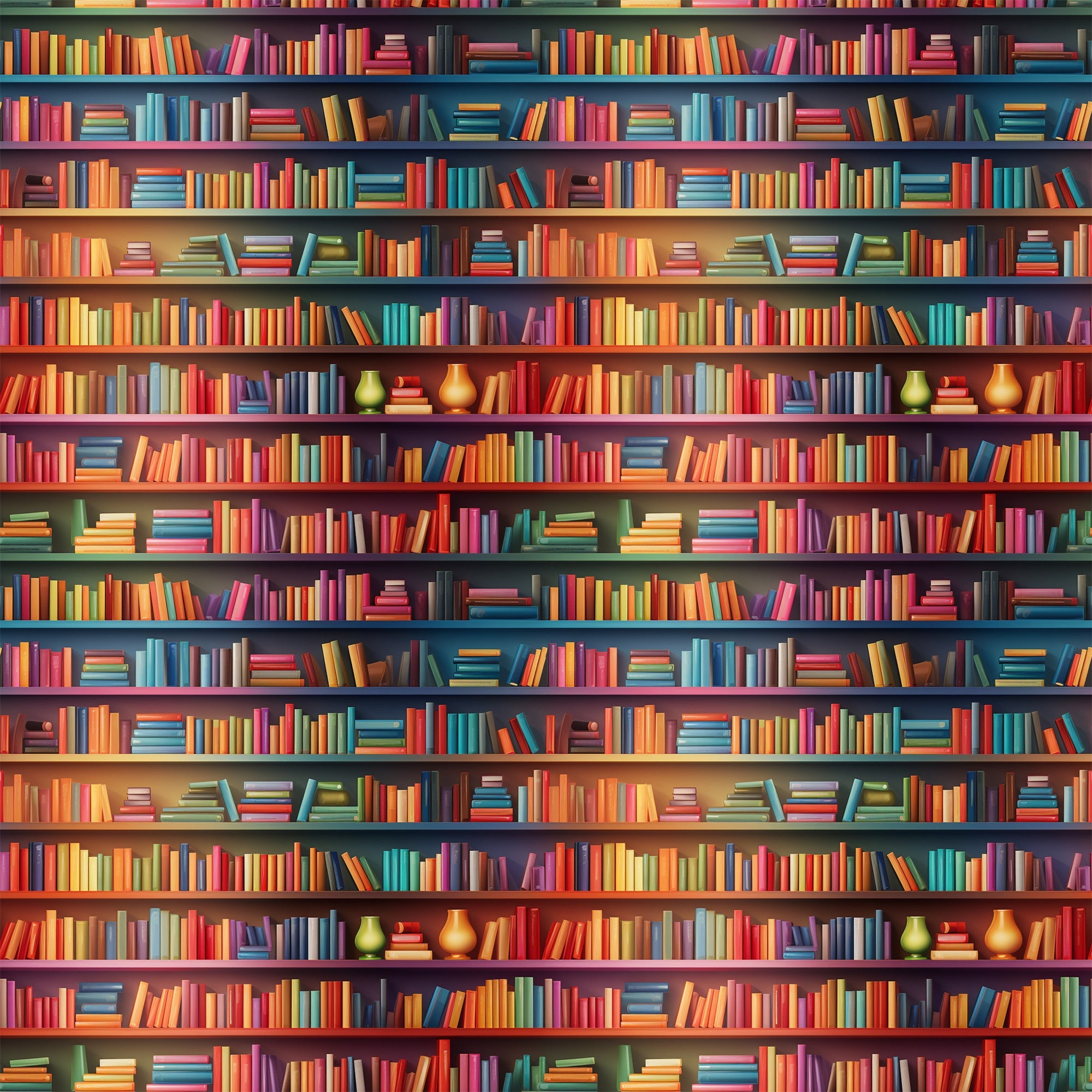 bookshelf pattern, library scene, colorful books,, fabric panel, red books, blue books, green books, yellow books, purple books, orange books, rows of books, literary theme, reading motif, book spines, vibrant colors, repeating pattern, educational theme, cozy atmosphere, book collection