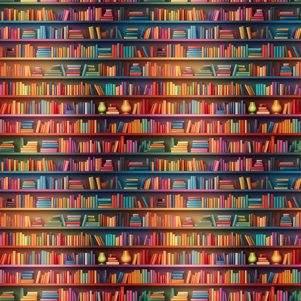 bookshelf pattern, library scene, colorful books,, fabric panel, red books, blue books, green books, yellow books, purple books, orange books, rows of books, literary theme, reading motif, book spines, vibrant colors, repeating pattern, educational theme, cozy atmosphere, book collection