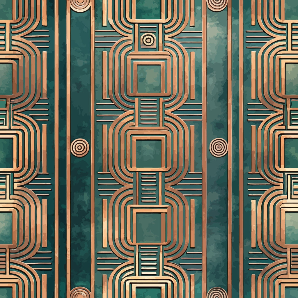 teal, copper, bronze, emerald green, art deco, geometric pattern, concentric squares, curved lines, repeating motif, symmetrical design, vintage style, retro pattern,, fabric panel, angular shapes, metallic appearance, 1920s inspired, decorative circles, linear design, modernist aesthetic