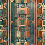 teal, copper, bronze, emerald green, art deco, geometric pattern, concentric squares, curved lines, repeating motif, symmetrical design, vintage style, retro pattern,, fabric panel, angular shapes, metallic appearance, 1920s inspired, decorative circles, linear design, modernist aesthetic