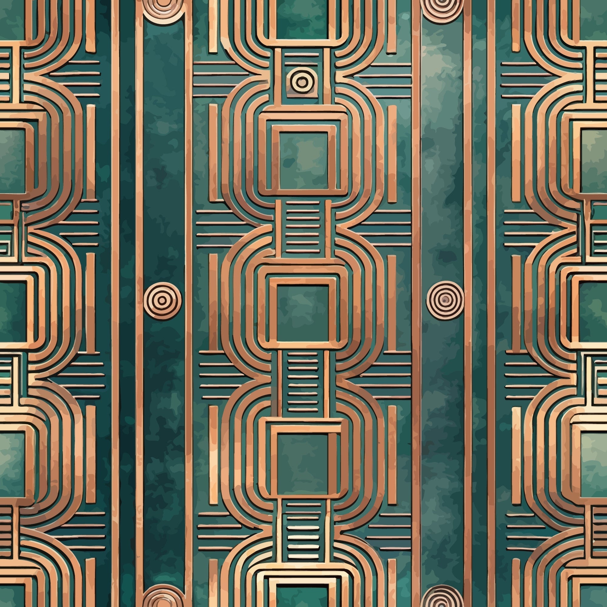 teal, copper, bronze, emerald green, art deco, geometric pattern, concentric squares, curved lines, repeating motif, symmetrical design, vintage style, retro pattern,, fabric panel, angular shapes, metallic appearance, 1920s inspired, decorative circles, linear design, modernist aesthetic