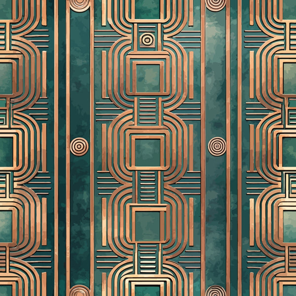 teal, copper, bronze, emerald green, art deco, geometric pattern, concentric squares, curved lines, repeating motif, symmetrical design, vintage style, retro pattern,, fabric panel, angular shapes, metallic appearance, 1920s inspired, decorative circles, linear design, modernist aesthetic